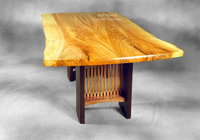 custom made live edge ash wood slab table showing slats in base